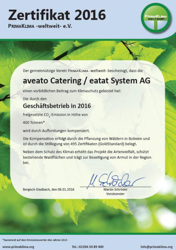 Zertifikat für Aveato: Klimaneutrales Catering
