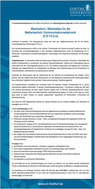 Stellenanzeige der Goethe Universität Frankfurt: Mitarbeiter Medientechnik