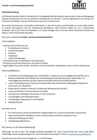 Stellenbeschreibung der Firma Chauvet für die Position eines Produktspezialisten/einer Produktspezialistin