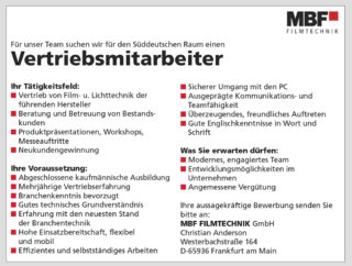 Stellenanzeige: MBF Filmtechnik sucht Vertriebsmitarbeiter für Süddeutschland