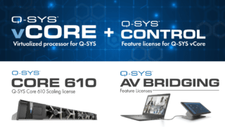Q-SYS-Grafik, die Q-SYS vCore Prozessor, Q-SYS Control Feature-Lizenz für vCore, Q-SYS Core 610 Prozessor und AV-Bridging Feature-Lizenz abbildet