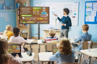 Interaktive Tafel in Klassenzimmer mit Kindern und Lehrer