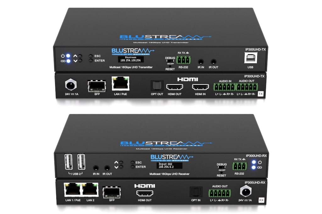 Blustream IP300UHD-System bestehend aus Sender IP300UHD-TX und dem Empfänger IP300UHD-RX