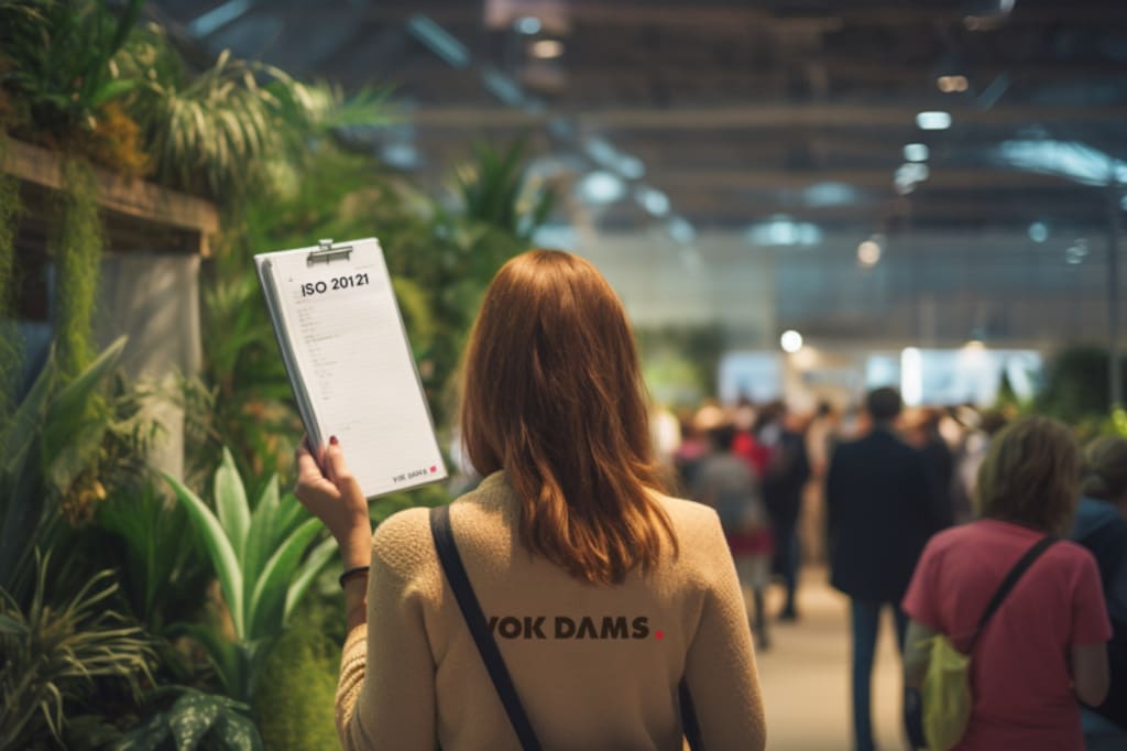 Rückenansicht einer Person in Vok-Dams-Oberteil, die ein Klemmbrett mit der Aufschrift ISO-20121 hoch hält