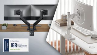 Foto mit Monitorhalterungen von hinten und an enem Schreibtisch