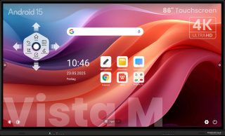 Home-Screen der neuen digitalen Tafel von PRIMEBOARD mit bunten Hitergrund und einigenProgramm-Icons.