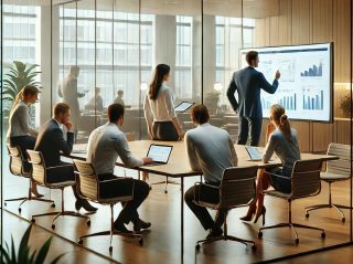 Eine Gruppe weiblicher und männlicher Personen an einem Schreibtisch, ein Mann und eine Frau arbeiten an einem Großbildschirm