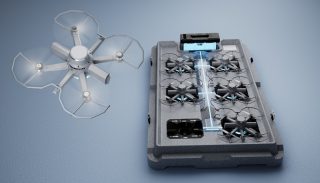 Drohne schwebt über Landeplatz-Batterie mit sechs Plätzen für Drohnen