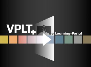 Visual des VPLT&-Portals mit Schriftzug und einer Linie aus bunten Quadraten