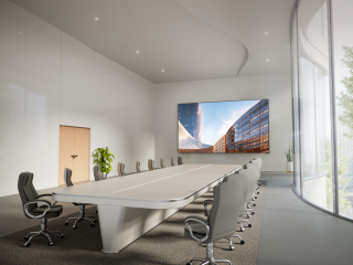 Display der LDE-Serie am Ende eines Besprechungsraums mit langem Tisch und leeren Stühlen