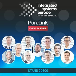 Männer in hellen Kreisen vor blauem Hintergrund unter den Logos von Purelink und ISE