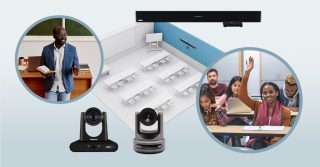 Illustration zeigt einen stilisierten Konferenzraum mit Kameras und Menschen