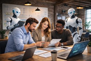 Zwei Männer und eine Frau an einem Tisch mit Laptops beugen sich über ein Papier