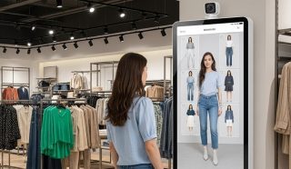 Frau in Mode-Shop vor Display für die virtuelle Anprobe