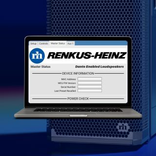Notebook von vorn, aufgeklappt, mit Logo von Renkus-Heinz