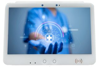 Bild des Monitors mit Hand eines Mediziners, die sich entgegenstreckt