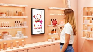 Frau in Parfümerie vor Display mit Produkt in der Hand