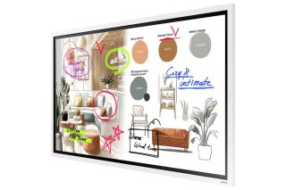 Das Whiteboard mit bunten Inhalten auf weißem Grunbd, darunter gezeichnte Möbel und Pflanzen