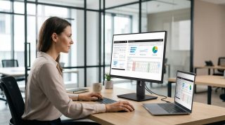 Frau im Office vor dem Monitor