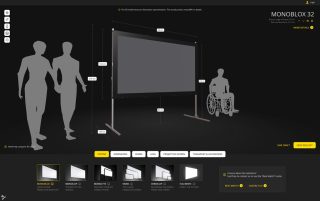 Screenshot des Konfigurators mit 3D-Ansicht einer Rahmenleinwand auf dunklem Hintergrund, daneben Referenzfiguren zweier stehender Personen und einer Person im Rollstuhl, ringsum eingeblendete Maßangaben