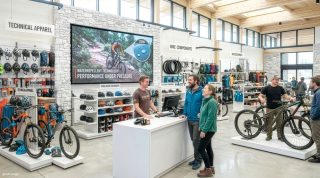 Zwei Kunden sprechen in einem Rad-Shop mit einem Verkäufer, hinter dem eine LED-Display befestigt ist