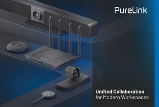 Produktabbildung mit Videobar, Konferenzmikrofon, Switcher, PTZ-Kamera und Wireless-Dongle vor blauem Hintergrund