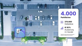 Luftaufnahme eines Parkplatzes mit Kennzahlen-Einblendung: 4.000 Parkflächen, 370.000 Stellplätze, durchschnittlich 30 Prozent Auslastung im Handel, dazu eine Kamera zur Kennzeichenerfassung