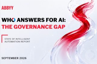 Titelgrafik des ABBYY State of Intelligent Automation Report mit der Aufschrift Who Answers for AI, The Governance Gap und einer roten Wellenform auf hellem Grund