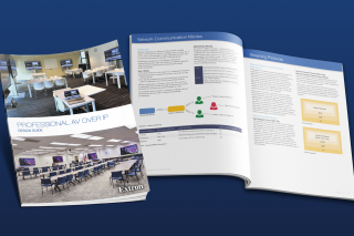 Extron Professional AV over IP Design Guide als geschlossenes und aufgeschlagenes Handbuch mit Netzwerkdiagrammen