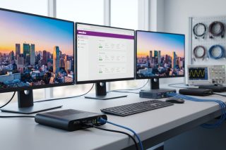 Arbeitsplatz mit drei Monitoren zur Überwachung und Verwaltung vernetzter AV-Systeme über eine Weboberfläche