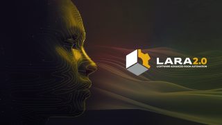 Abstrakte Grafik mit einem stilisierten Gesichtsprofil aus goldenen Linien vor dunklem Hintergrund, daneben das Logo LARA 2.0 mit dem Zusatz Lightware Advanced Room Automation