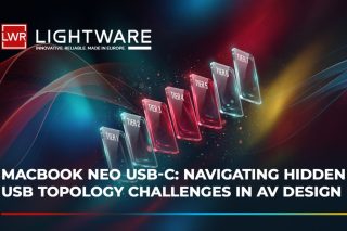 Lightware-Grafik mit sieben ansteigenden Kacheln „Tier 1“ bis „Tier 7“ zur USB-Topologie des MacBook Neo
