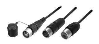 Drei schwarze Rundsteckverbinder mit Kabel und eine Schutzkappe