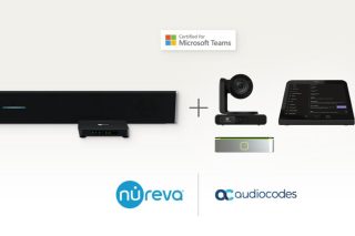 Nureva-Soundbar mit Hub sowie PTZ-Kamera, AV-Hub und Touch-Controller von AudioCodes vor hellem Hintergrund, darüber das Logo „Certified for Microsoft Team