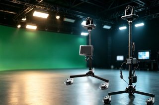 Zwei motorisierte RoboLift-Kamerastative von Second Wave mit PTZ-Kameras in einer Studioumgebung