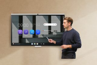 Mann bedient ein wandmontiertes BenQ Board mit Startbildschirm und Meeting-Übersicht