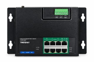 Kompakter PoE+-Switch TI-PG102F (V2) von TRENDnet mit acht Gigabit-Ethernet-Ports und zwei SFP-Ports.