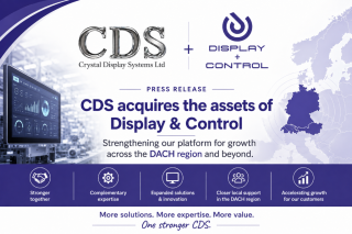 Grafik zur Transaktion zwischen Crystal Display Systems und Display & Control mit den Logos beider Unternehmen, einem Industrie-Display und einer hervorgehobenen Deutschlandkarte