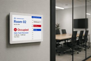 Flaches Display an einer Wand neben einer Glasfront zeigt Raumnummer, Belegungsstatus und Tagesplan, dahinter ein Besprechungsraum