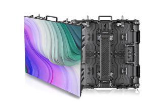 LED-Cabinet mit buntem Wellenmotiv auf der Front, daneben die Rückseite mit Griff und Netzteilbox