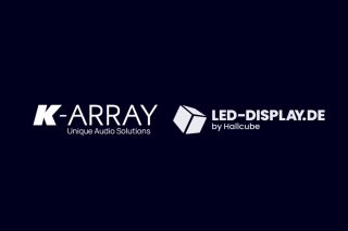 Logos von K-array mit dem Claim „Unique Audio Solutions“ und von LED-Display.de by Hallcube in Weiß auf dunkelblauem Hintergrund