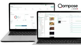 Zwei Laptops zeigen die Benutzeroberfläche von Qompose. Links ist ein Dashboard mit Kampagnenstatus und Bildschirmbestand zu sehen, rechts die Medienbibliothek mit Playlist und Wochenplan. Oben rechts steht das Logo „Qompose by Navori“.