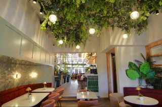 Innenraum des Prince Charming Bar & Kitchen in Amsterdam mit Sitzbereichen und begrünter Decke.