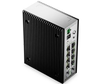 Kompakter Zyxel-Netzwerk-Switch in Hochformat mit schwarzem Gehäuse aus Kühlrippen. Auf der silbernen Frontseite befinden sich acht Ethernet-Ports, zwei Glasfaser-Ports, Status-LEDs und Anschlüsse für die Stromversorgung.