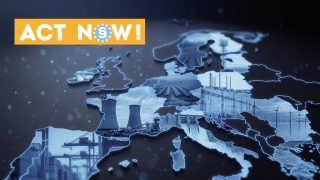 Stilisierte Europakarte mit Infrastrukturmotiven wie Kraftwerken, Windrädern, Stromleitungen und Häfen, links oben der Schriftzug „Act Now!“ mit Paragrafensymbol