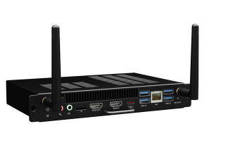 Schwarzes i3CONNECT Studio OPS-Modul mit zwei Antennen und Anschlüssen für HDMI, USB, Netzwerk und Audio.